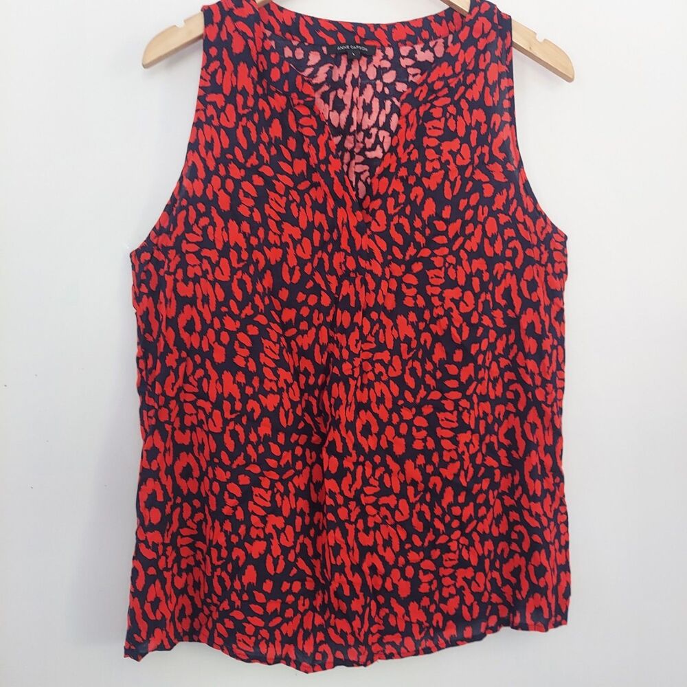 Anne Carson Women's Large Sleeveless Blouse Top Bright Red Blue Cheetah